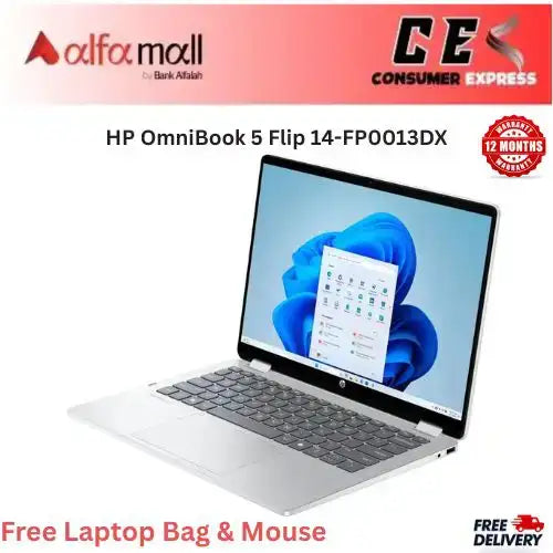 HP OmniBook 5 Flip 14-FP0013DX Core 5 120U, 8GB DDR5 RAM, 512GB SSD, Intel Graphics, 14Inch 2K Touch X360, Glacier Silver (Brand New, 1 Year Warranty)