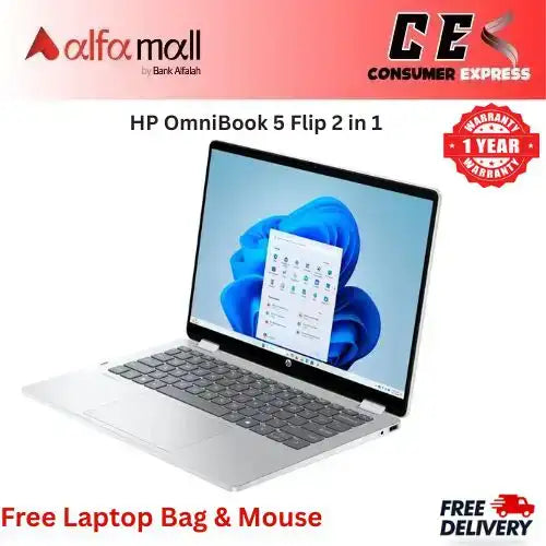 HP OmniBook 5 Flip 2 in 1 14" 2K Touch Laptop Intel Core 7-150U, 10 core CPU, 16GB DDR5, 512GB SSD, Integred Intel Graphics, 14" FHD+ Touch Screen, Windows 11 Home New Internial Warranty