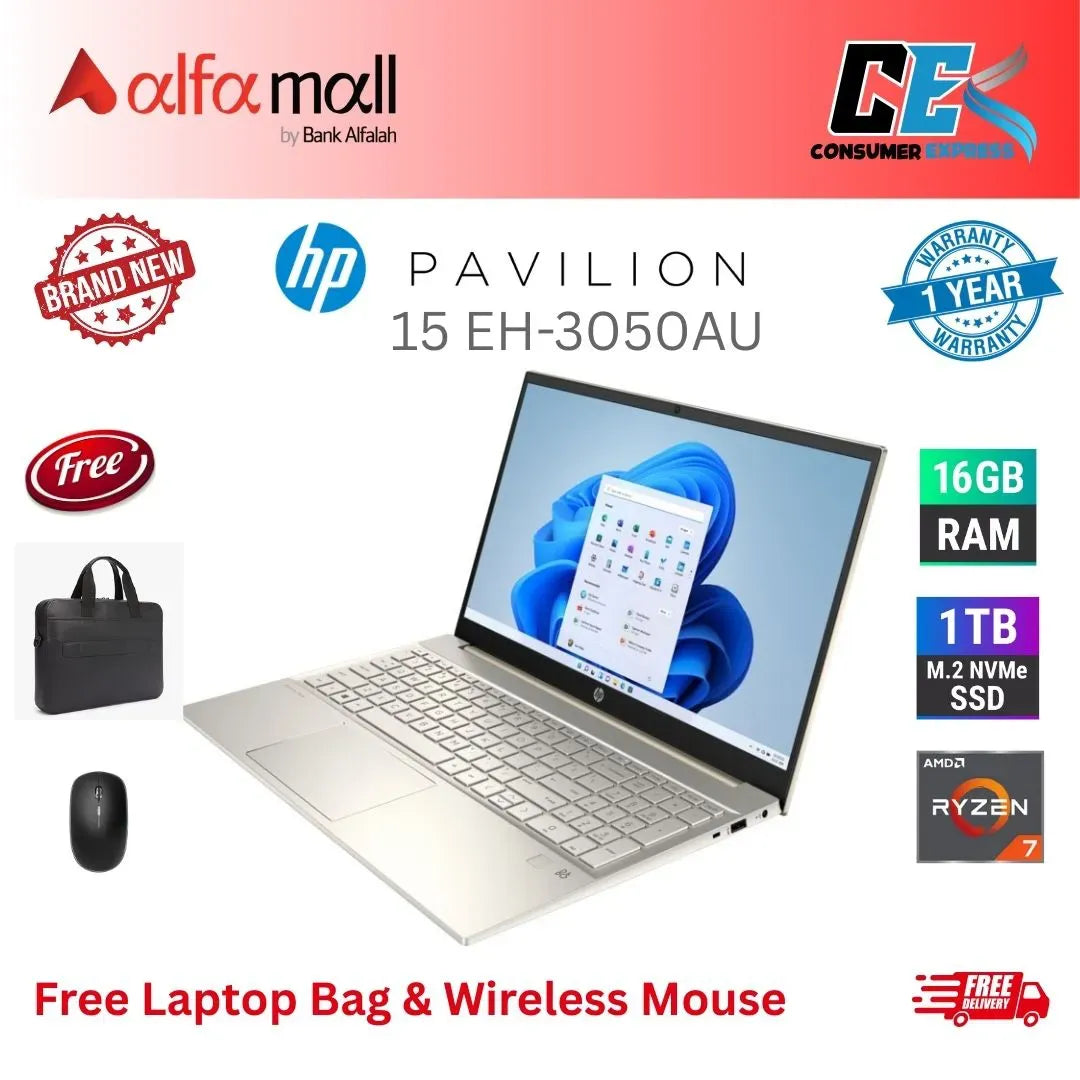 HP Pavili 15EH3050AU Laptop AMD Ryzen 7 7730U 16GB 1TB SSD Backlit KB Fingerprint Reader Windows 11 15.6Inch FHD (Official 1Yr Warranty, New) Free Bag & Mouse