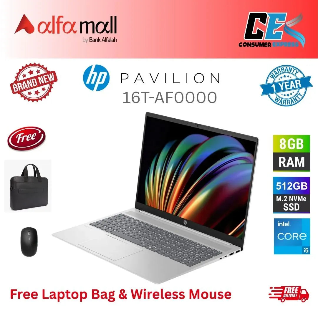 HP Pavili 16TAF0000 Laptop Intel Core 5 processor 120U 8GB Memory 512GB SSD Windows 11 16Inch WUXGA Display (New, 1 Yr Warranty) Free Bag & Mouse