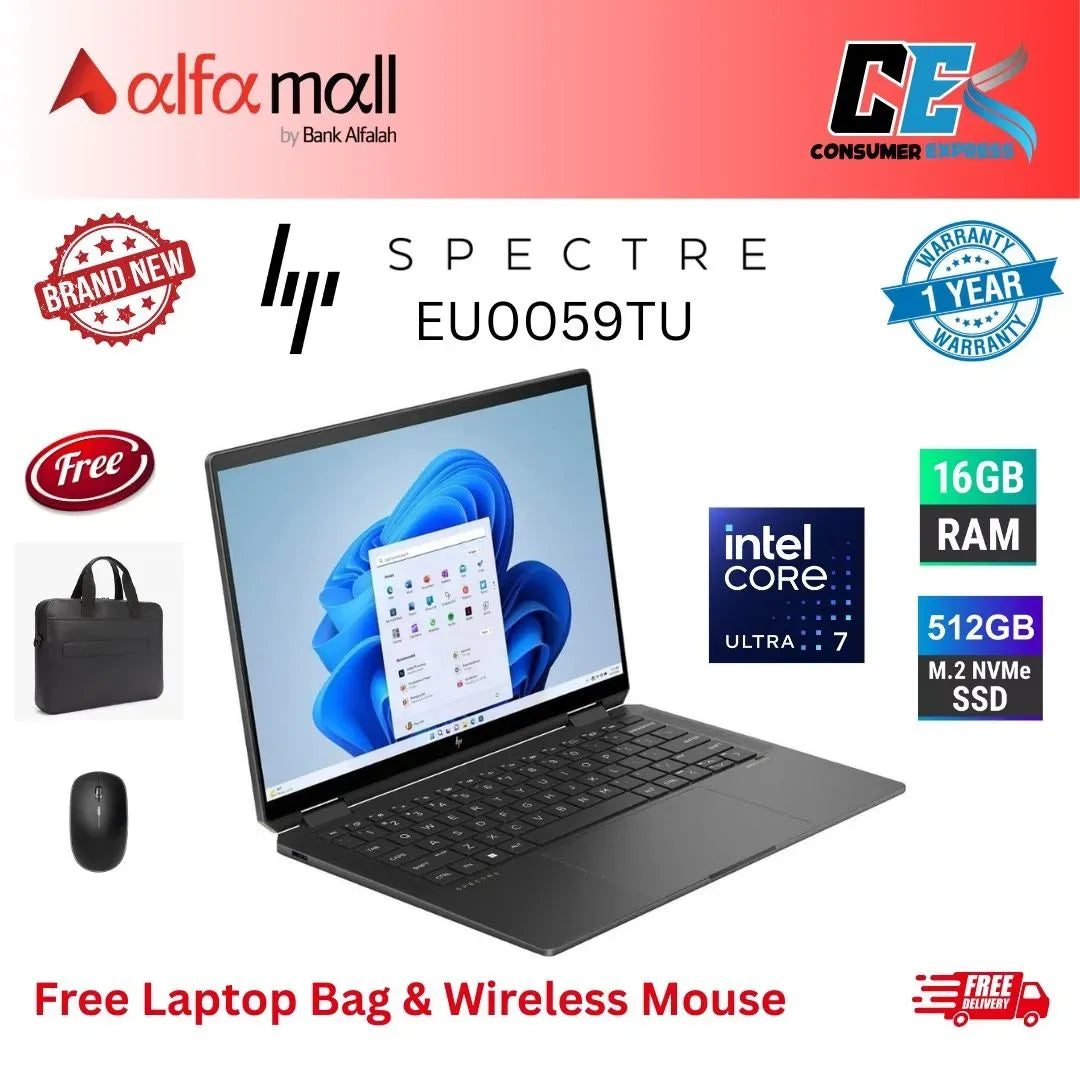 HP Spectre X360 14EU0059TU Intel Core Ultra 7155H 16GB RAM DDR5 512GB SSD 14Inch Diagal, 2.8K OLED Touchscreen Nightfall Black Win11 (New, 1Yr official Warranty) Free Bag & Mouse