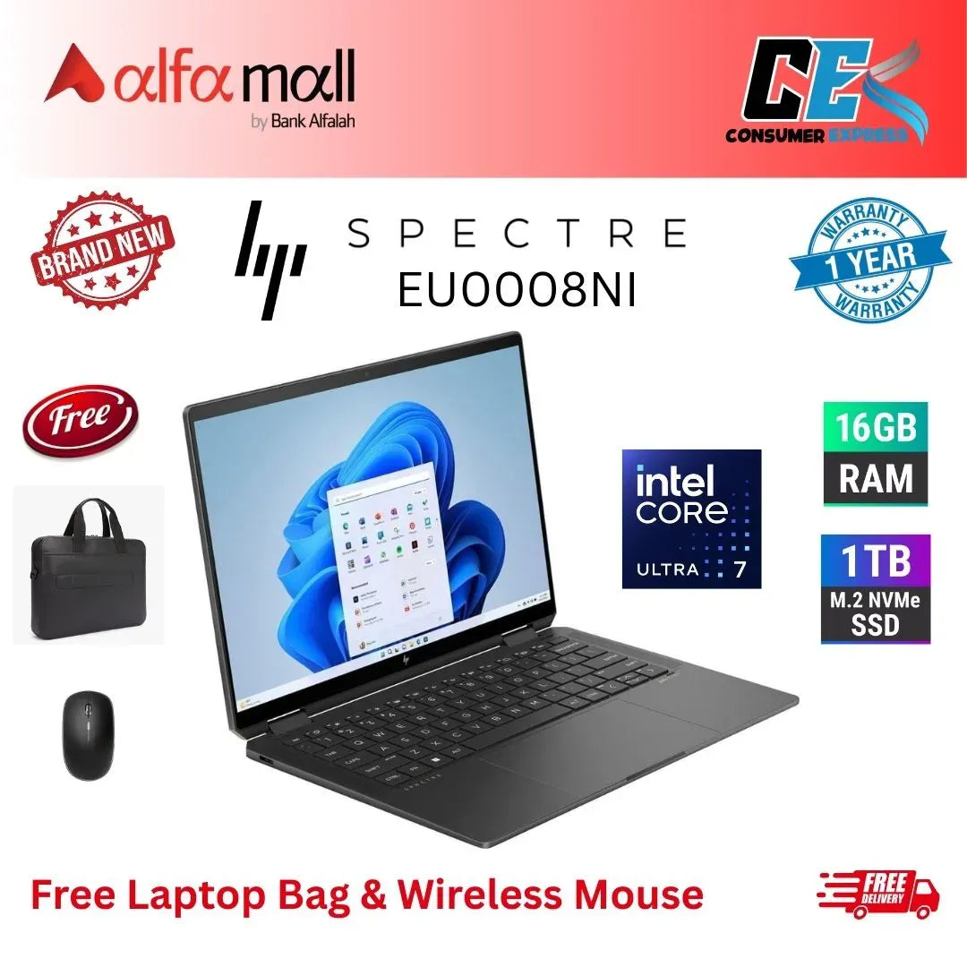 HP Spectre X360 2 in 1 14EU0008NI Laptop Intel Core Ultra 7155H, 16GB DDR5, 1TB SSD, 14" 3K UWVA OLED Touch, FPR, Windows 11 Home, Nightfall Black, HP Pen (New, 1Yr Internial Warranty) Free Bag & Mouse