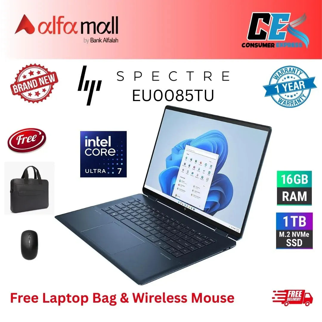 HP Spectre X360 2 in 1 14EU0085TU Intel Core Ultra 7 155H 16GB DDR5 1TB SSD 14Inch Diagal, 3K OLED Touchscreen Display Sle Blue (New, 1Yr Official Warranty) Free Bag & Mouse