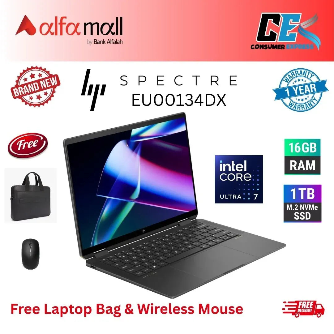 HP Spectre x360 14 eu00134dx CoreUltra 7 155h 16GB RAM 1TB SSD 2.8 UWVA OLED 14Inch Display (1Yr Int Warranty) Free Bag & Mouse