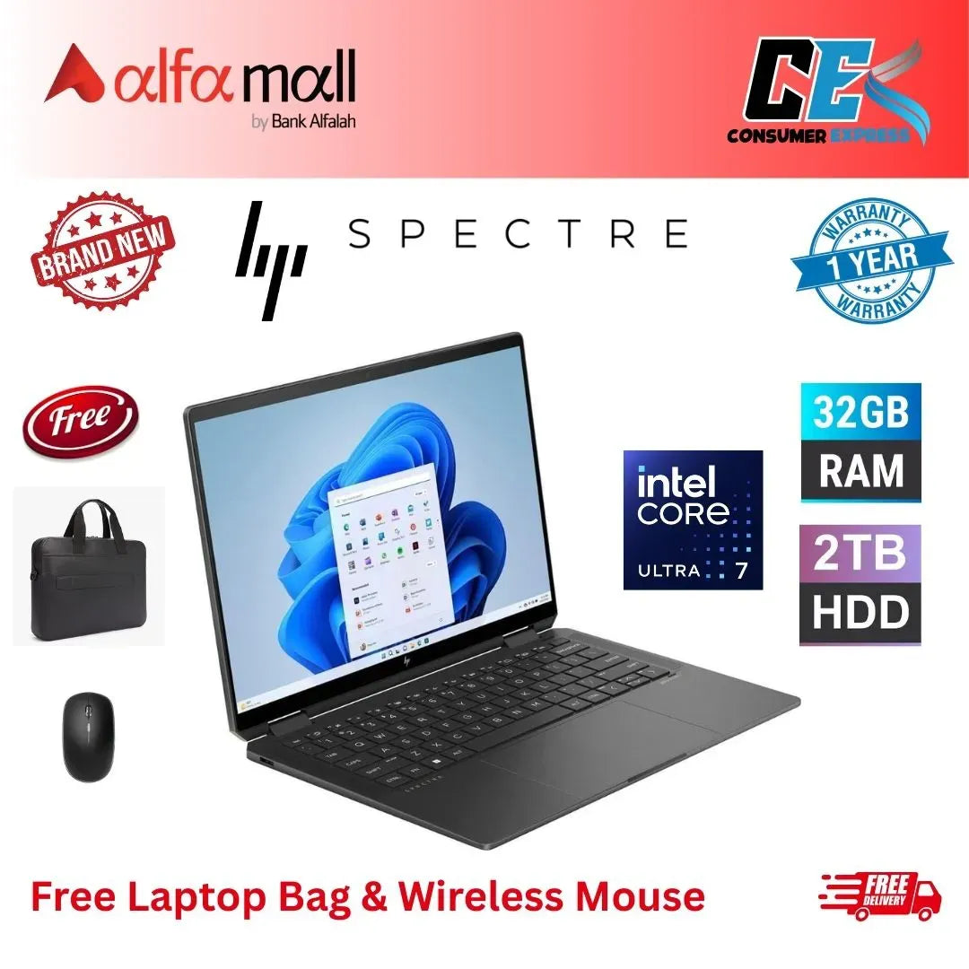 HP Spectre x360 14T Intel Core Ultra 7 155H 32GB DDR5 2TB SSD, Intel Arc Graphics, Win11, BLKB 14"(3K2K) OLED Touch Display, With Hp Stylus Pen Nightfall Black (New, 1Yr Internial Warranty) Free Bag & Mouse