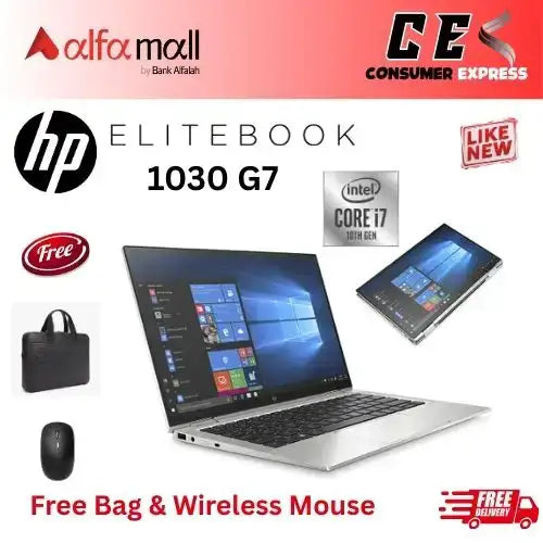 HP Elitebook 1030 G7 x360 i7 10th Generi 16GB Ram 256GB SSD 14 Inch FHD Touch Display (Like New) Free Bag & Mouse
