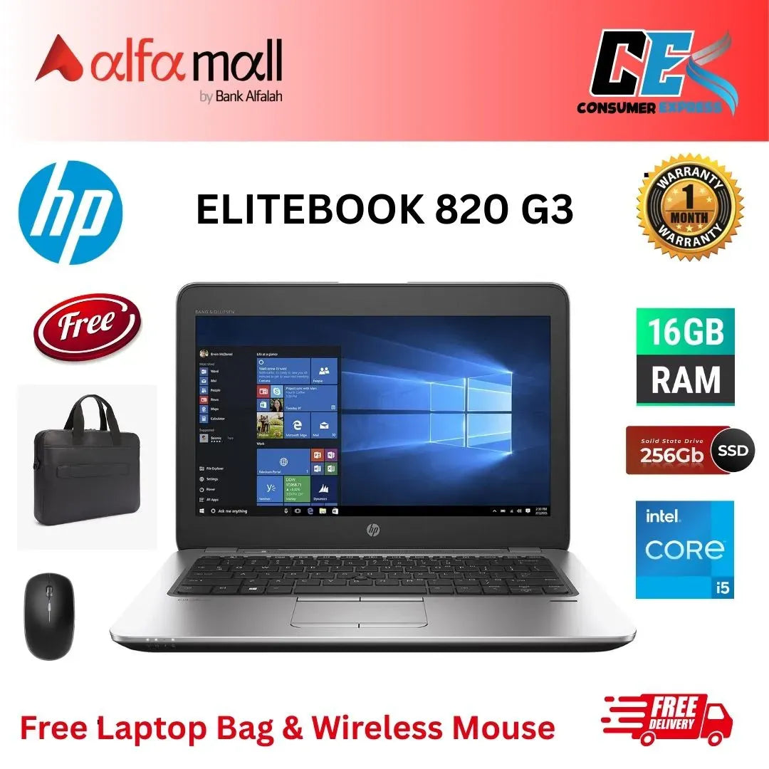 HP Elitebook 820 G3 Business Laptop 12.5" HD Display, Intel Core i56300U 2.4Ghz, 16GB RAM, 256GB SSD, 802.11 AC, Windows 10 Professial, Free Bag & Mouse