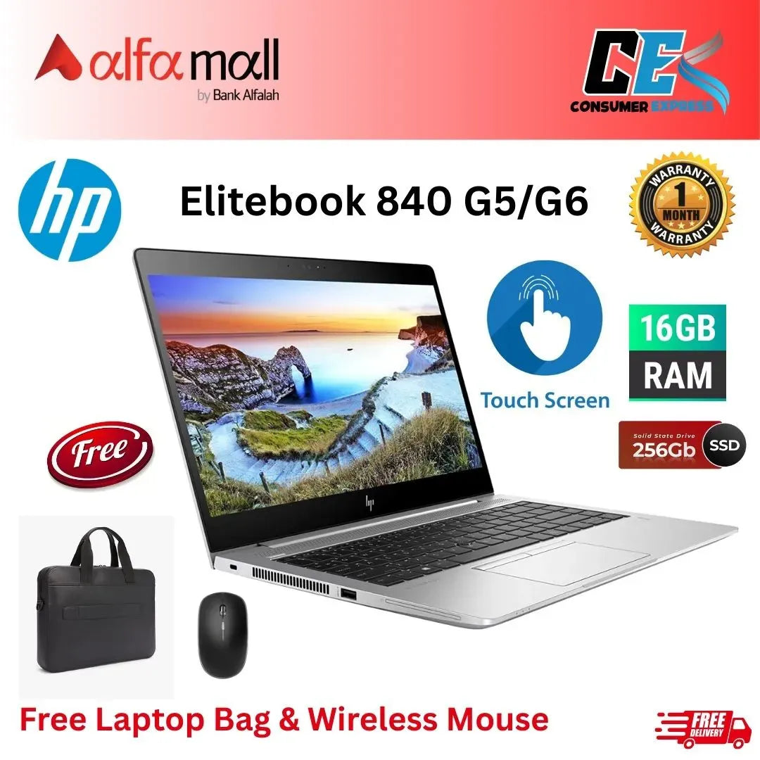 HP Elitebook 840 G5/G6 Core i5 8th Gen 16GB Ram 256GB SSD 14inch Touchscreen Display Free Bag & Mouse