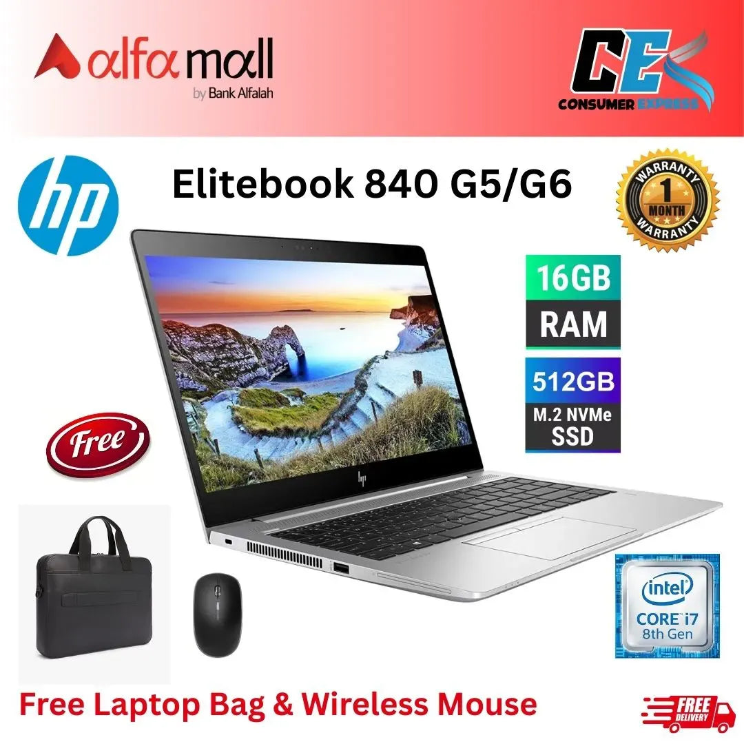 HP Elitebook 840 G5/G6 Core i7 8th Gen 16GB Ram 512GB SSD 14inch FHD Display Free Bag & Mouse