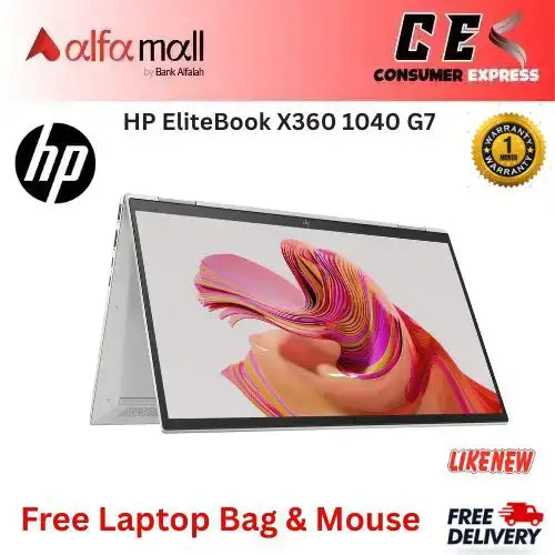 HP EliteBook X360 1040 G7 2in1 Sleek Professial Laptop Intel Core i710th Gen, 16GB RAM, 512GB NVMe SSD, 14Inch FHD, Touchscreen Display, Webcam, Wifi, Backlit Keyboard, TypeC Charger Free Bag and Mouse