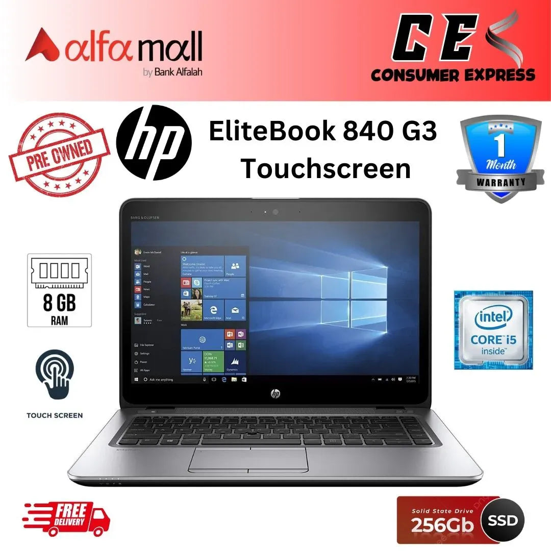 HP EliteBook 840 G3 Touchscreen Laptop Intel Core i56300U, 8GB RAM DDR4, 256GB SSD, Windows 10 Pro, Backlit KB, 14" FHD Touchscreen Display, Fingerprint Reader (Preowned)