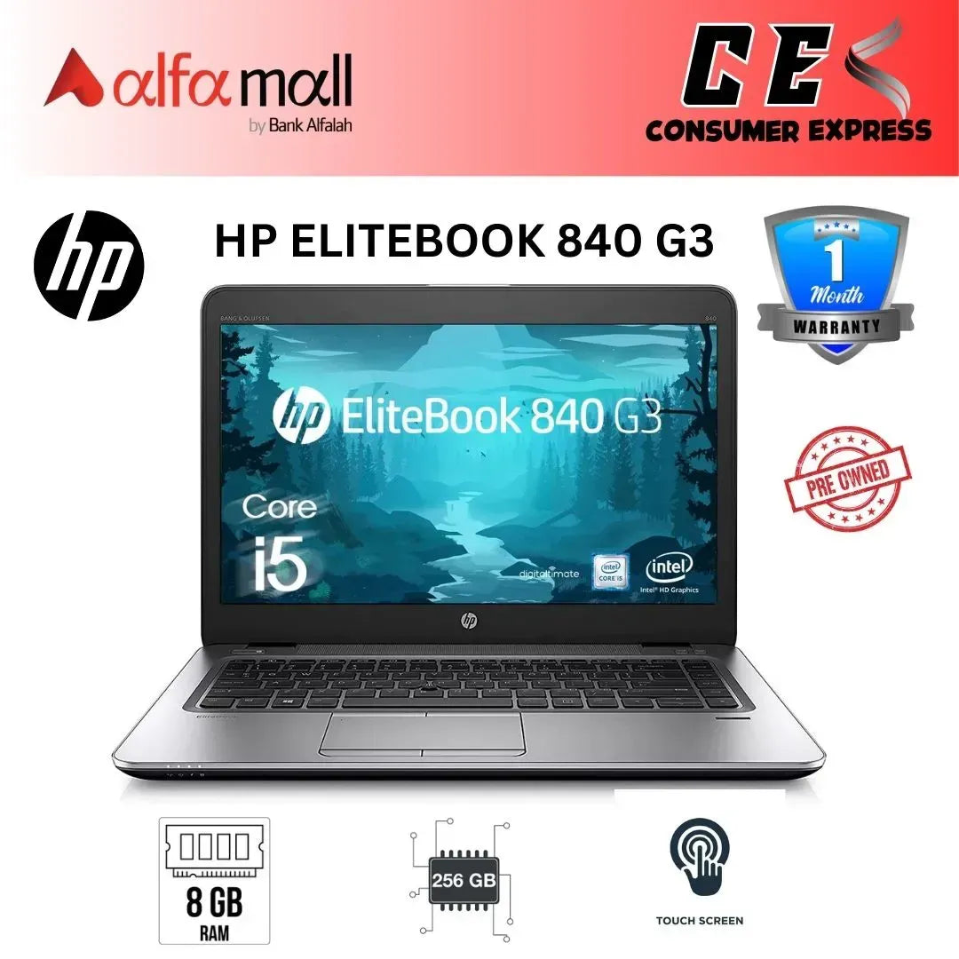 HP EliteBook 840 G3 Touchscreen i5 6th Generation 8GB DDR4 RAM , 256GB SSD 14" FHD Touch screen Display FingerPrint Reader (Like New) Free Bag & Mouse (0% Markup Upto 6 Months)