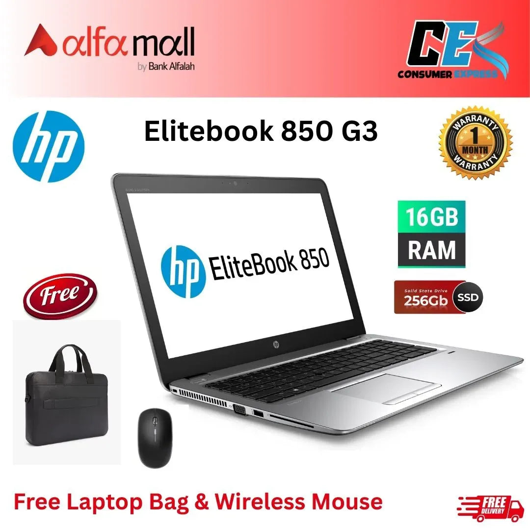 HP Elitebook 850 G3 Core i5 6th Gen 16GB Ram 256GB SSD 15.6inch Display Free Bag & Mouse