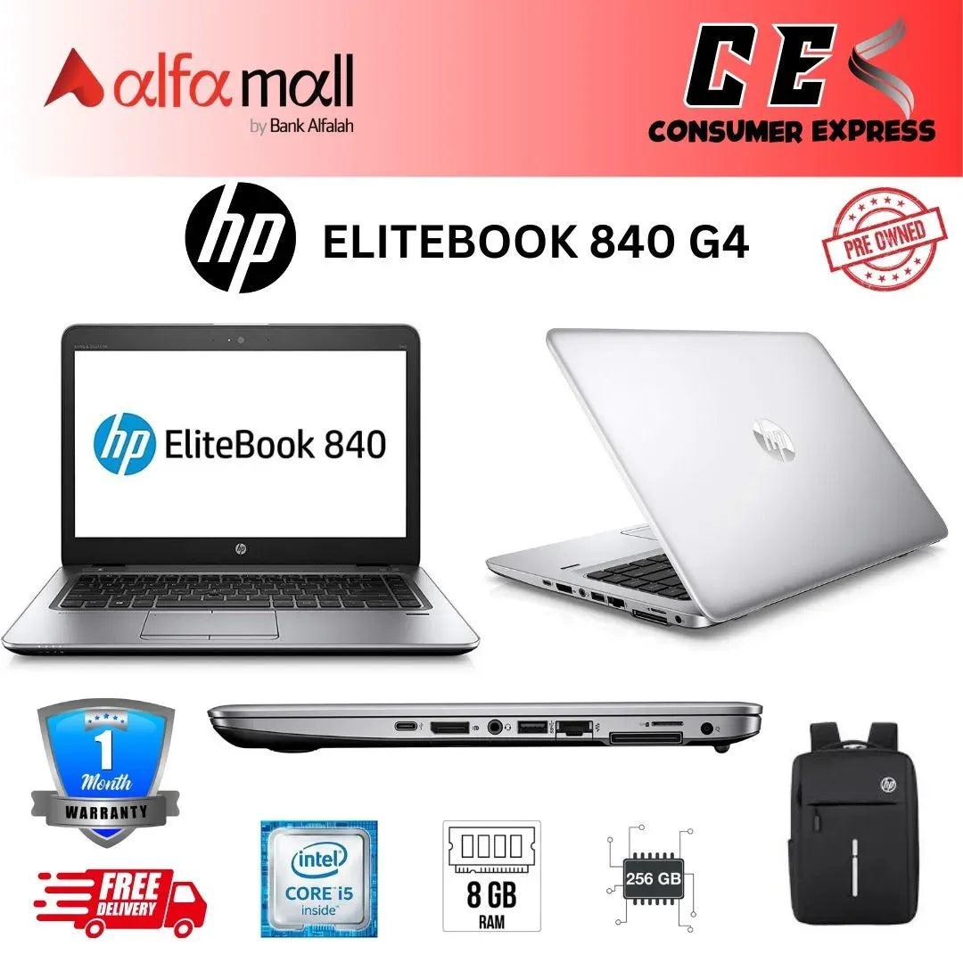 HP EliteBook 840 G4 Laptop Intel Core i57300U, 8GB RAM DDR4, 256GB SSD, Intel Graphics, 14" FHD Display, Fingerprint Reader, Windows 10 Pro, Backlit KB With Free Bag (Preowned)