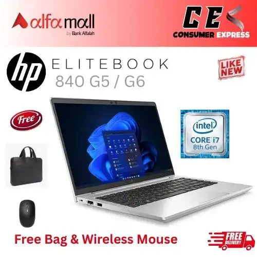HP EliteBook 840 G5 / G6 Corei78th Gen 8GB RAM 256GB SSD 14 Inch Display (Like New) Free Bag & Mouse