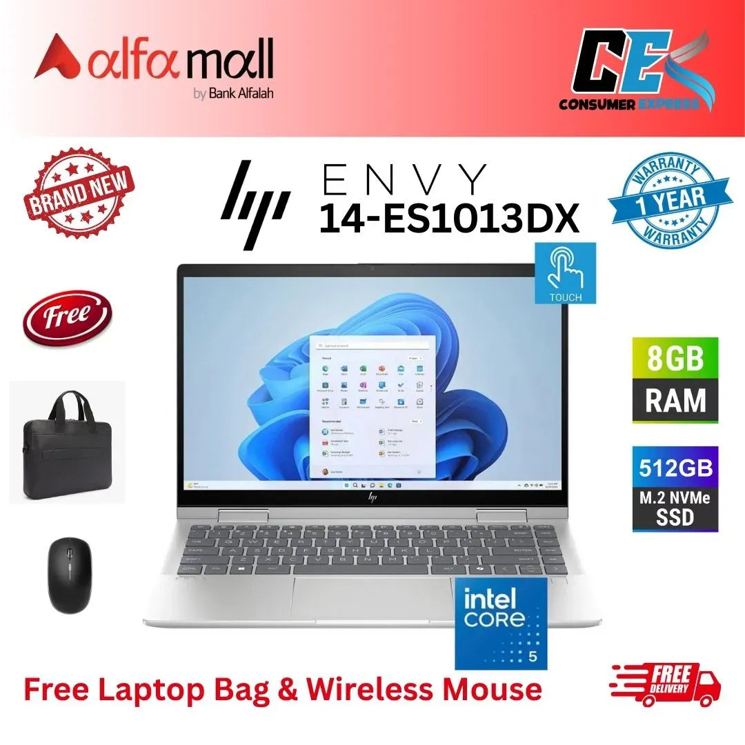 HP Envy x360 14ES1013DX Laptop Intel Core 5 120U 8GB 512GB Backlit KB Windows 11 14" FHD IPS (New, 1 Year International Warranty) Free Bag & Mouse