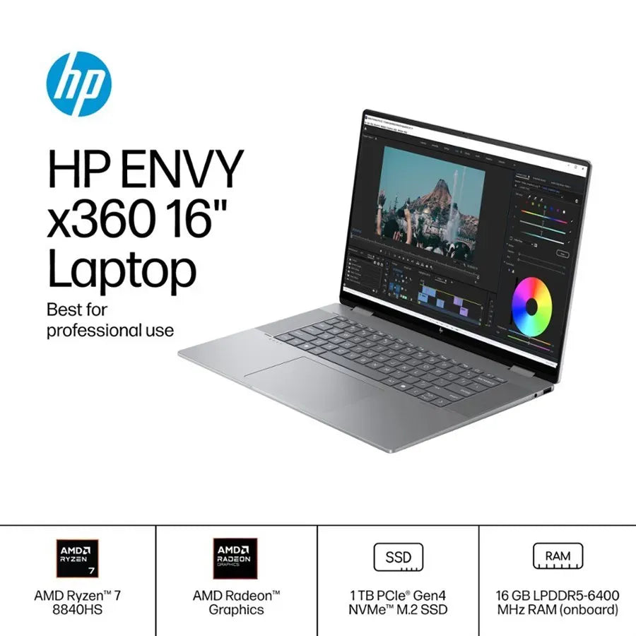 HP Envy x360 2in1 Laptop 16AD0023DX AMD Ryzen 7 8840HS 16GB 1TB SSD 16" IPS WUXGA Touchscreen Backlit KB, Poly Studio Meteor Silver NEW