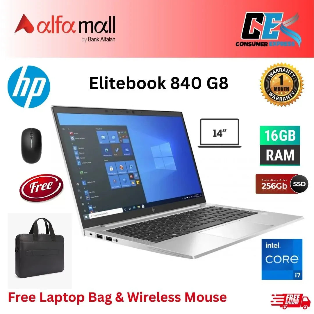 HP EliteBook 840 G8 14" Notebook Full HD 1920 x 1080 Intel Core i7 11th Gen i71165G7 Quadcore (4 Core) 2.80 GHz 16 GB Total RAM 256 GB SSD Silver, Free Bag and Mouse (Preowned)