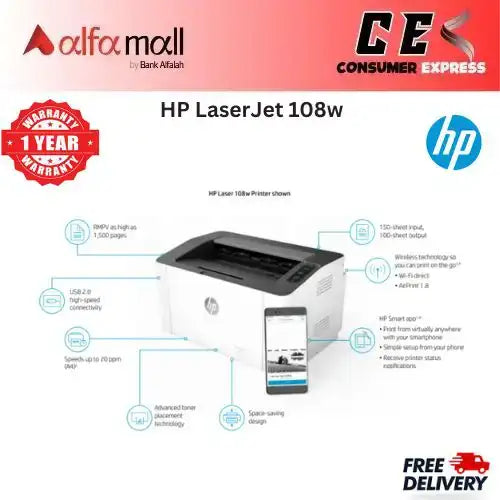 HP LaserJet 108w A4 Black and White Laserjet Printer (Brand New, Official 1 Year Warranty)