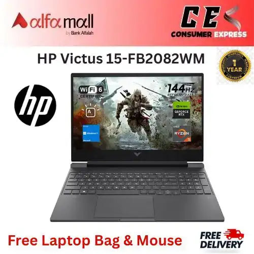 HP Victus 15FB2082WM Gaming Laptop AMD Ryzen 5 8645HS, 8GB DDR5, 512GB SSD, NVIDIAÃ‚® GeForce RTXÃ¢„¢ 4050 6GB GDDR6, 15.6" FHD 144Hz IPS Display, Backlit KB, Windows 11 Mica Silver