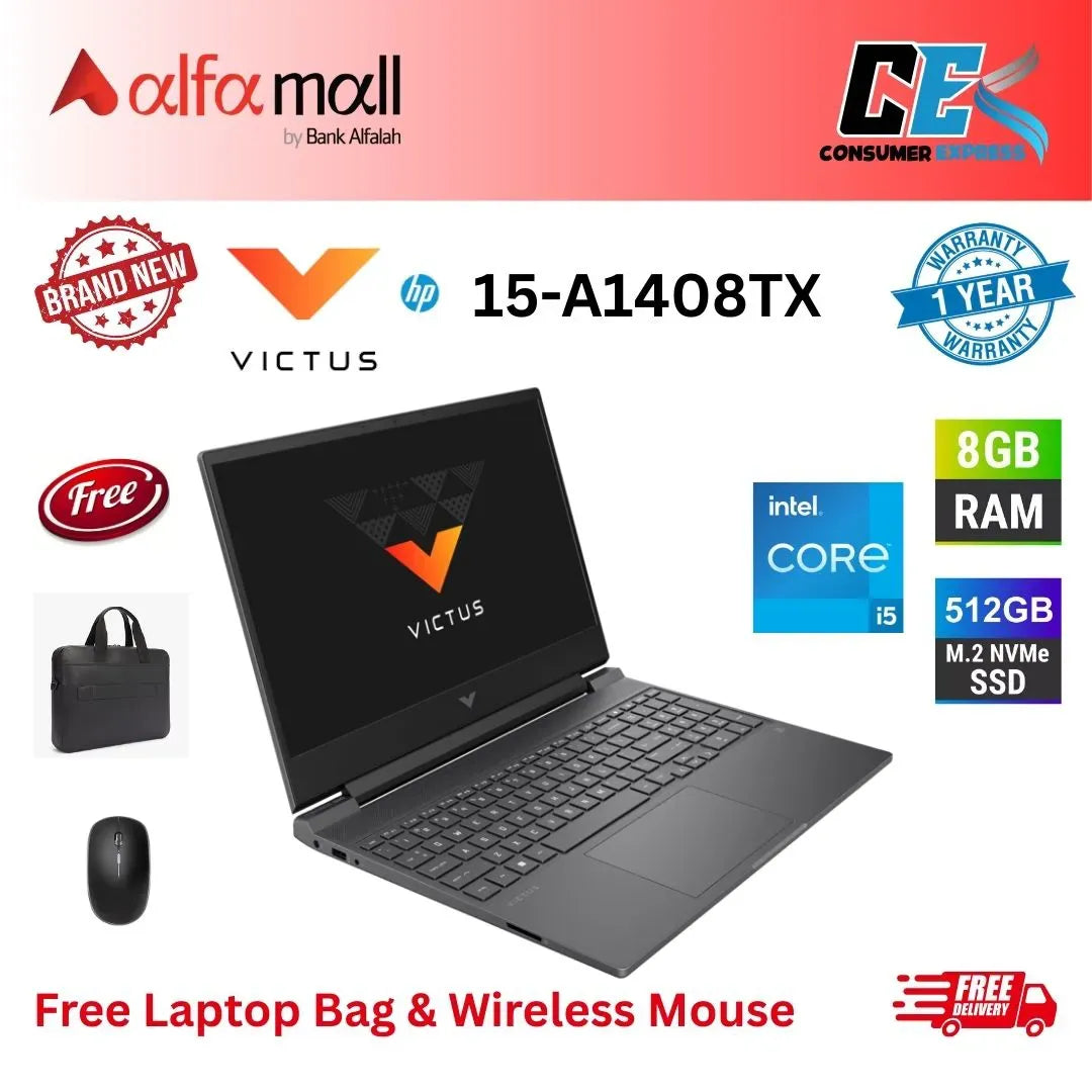 HP Victus Gaming Laptop 15FA1408TX Intel Core i513500H 8GB DDR4 512GB SSD, NVIDIA GeForce RTX 3050 6GB, 15.6" FHD 144Hz IPS Display Mica Silver (New, 1Yr Internial Warranty) Free Bag & Mouse