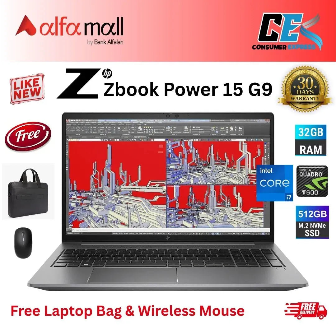 HP ZBook Power 15 G9 Corei712th Gen 32GB RAM 512GB SSD Nvidia Quadro T600 4GB Graphics Card 15.6 Inch Display (Like New) Free Laptop Bag & Mouse