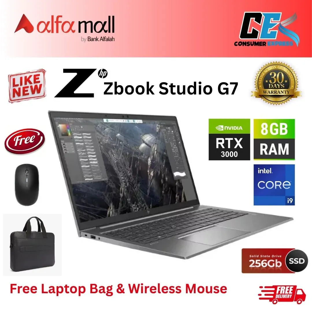 HP ZBook Studio G7 Corei910th Gen 8GB RAM 256GB SSD Nvidia RTX 3000 6GB Graphics Card 15.6 Inch Display (Like New) Free Laptop Bag & Mouse