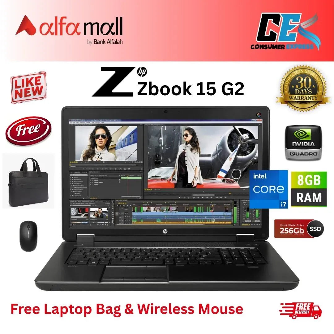 HP Zbook 15 G2 Corei74th Gen 8 GB RAM 256 GB SSD 1 GB CARD K610M 15 Inch Display (Like New) Free Laptop Bag & Mouse