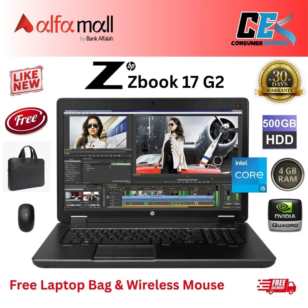 HP Zbook 17 G2 Corei54th Gen 4 GB RAM 500 GB SSD 2 GB NVIDIA Quadro K1100M 17.3 Inch Display (Like New) Free Laptop Bag & Mouse