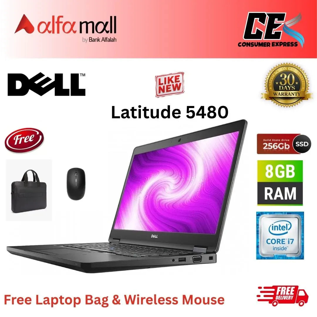 Dell litude 5480 Corei76th Gen 8GB RAM 256GB SSD Nvidia GeForce 930M 2GB Graphics Card 14 Inch Display (Like New) Free Laptop Bag & Mouse