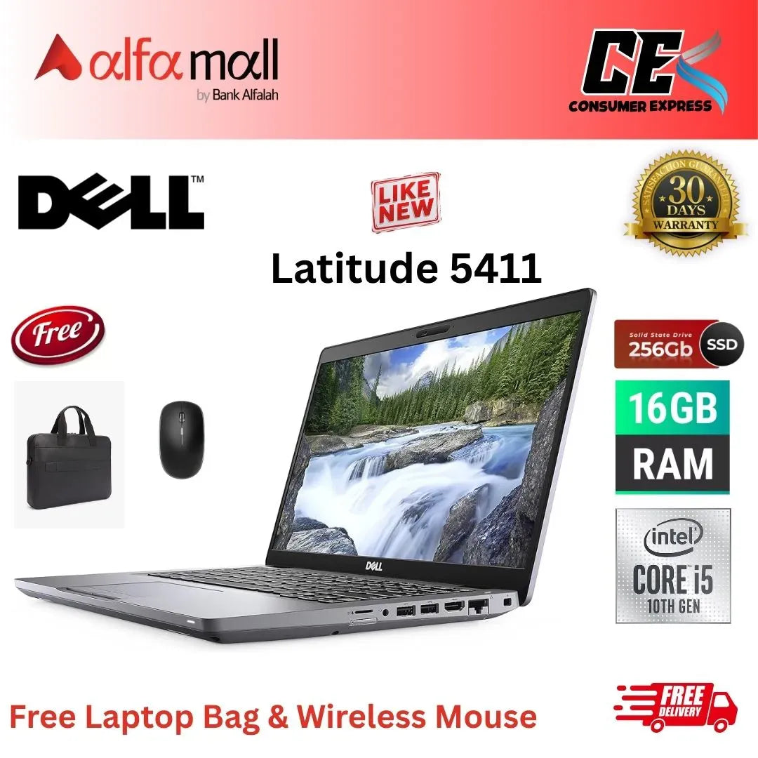 Dell Litude 5411 Corei510th Gen 16GB RAM 256GB SSD 14 Inch Display (Like New) Free Laptop Bag & Mouse