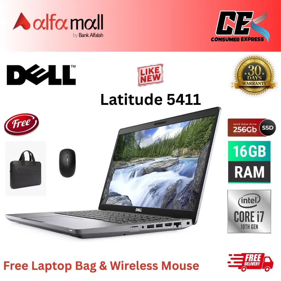 Dell Litude 5411 Corei710th Gen 16GB RAM 256GB SSD 14 Inch Display (Like New) Free Laptop Bag & Mouse
