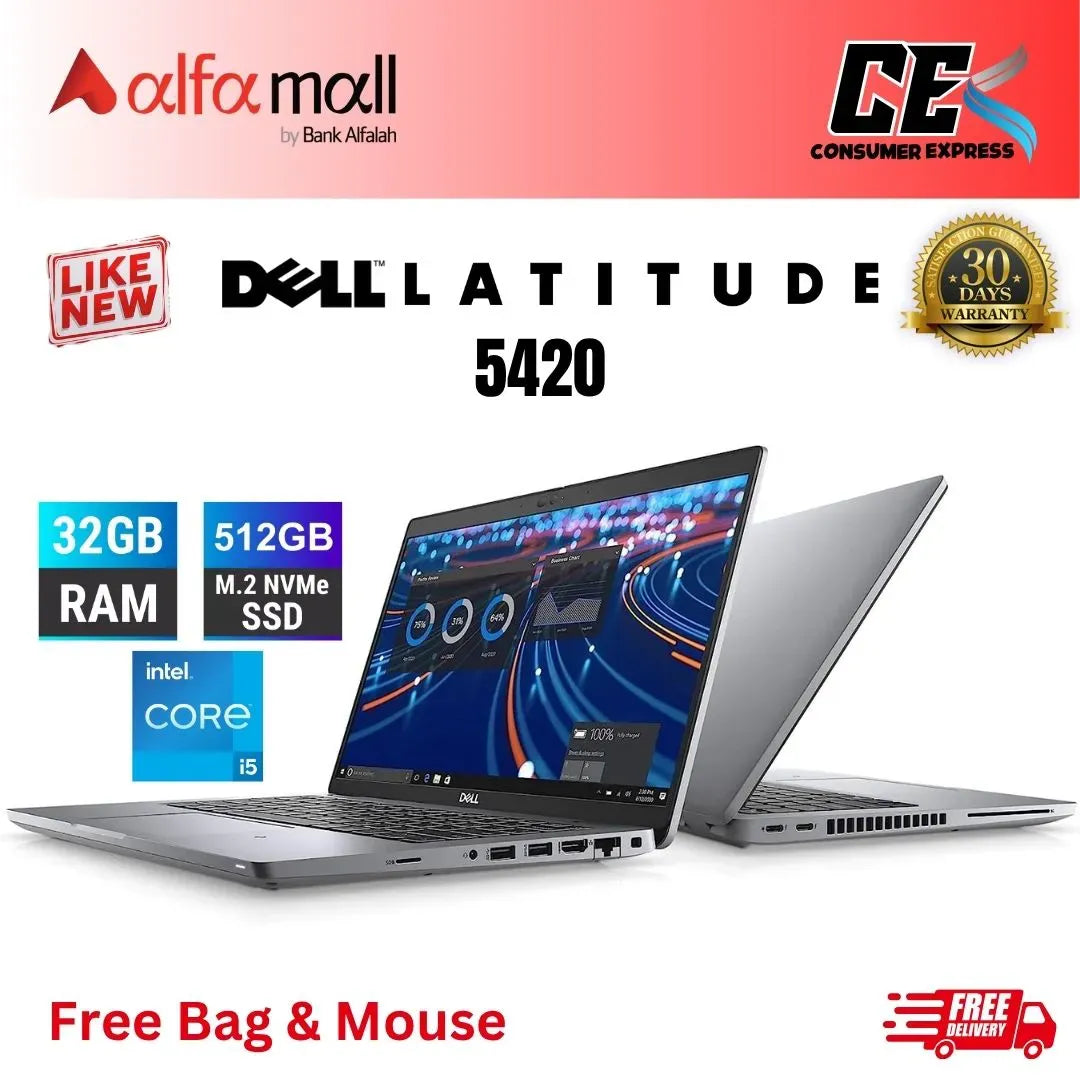 Dell Litude 5420 Ci5 11th Generi2GB DDR4 RAM 512GB SSD 14" FHD Display BLKB (Like New) Free Bag & Mouse