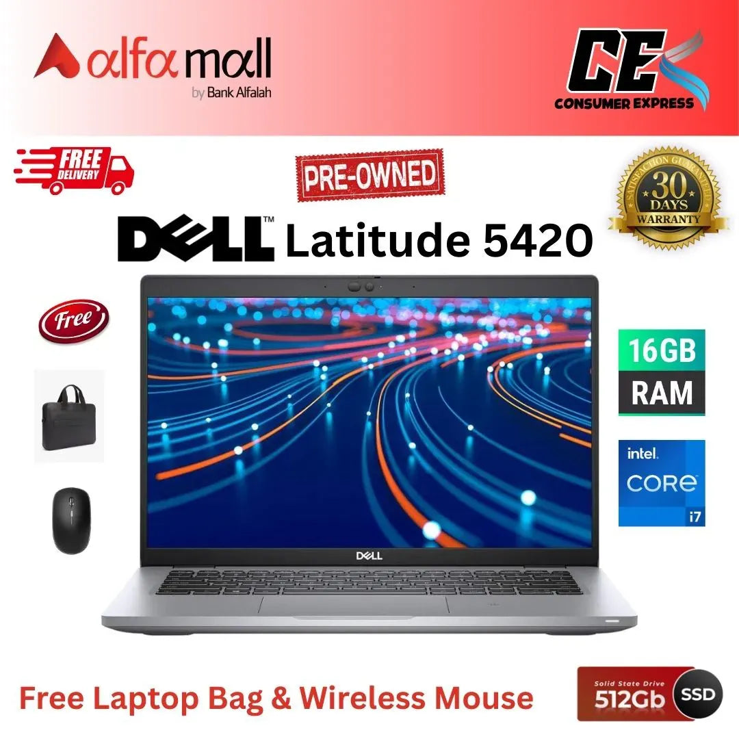 Dell Litude 5420 Corei711th Gen 16GB RAM 256GB SSD 14Inch Display (Like New) Free Laptop Bag & Mouse