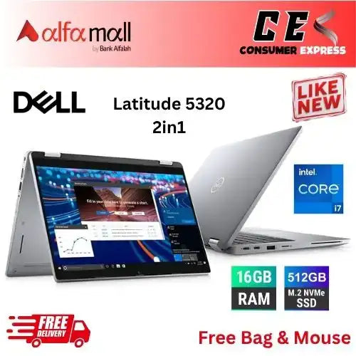 Dell Litude 5320 x360 2in1 Intel Core i7 11th Gen 16GB 512GB SSD Backlit KB 13.3 Inch Display (Like New) Free Bag & Mouse