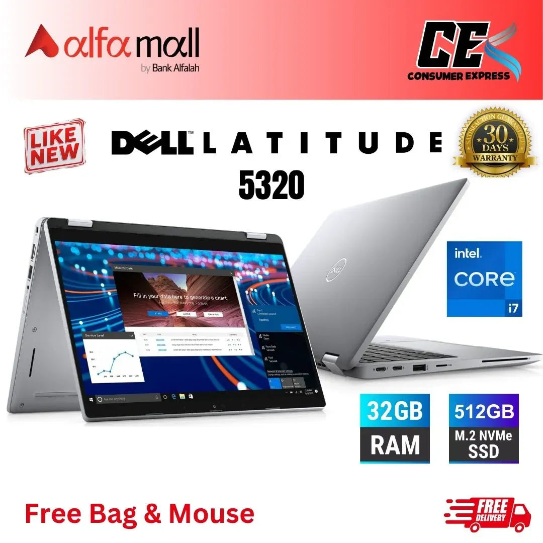 Dell Litude 5320 x360 2in1 Intel Core i7 11th Gen 32GB 512GB SSD Backlit KB 13.3 Inch Display (Like New) Free Bag & Mouse