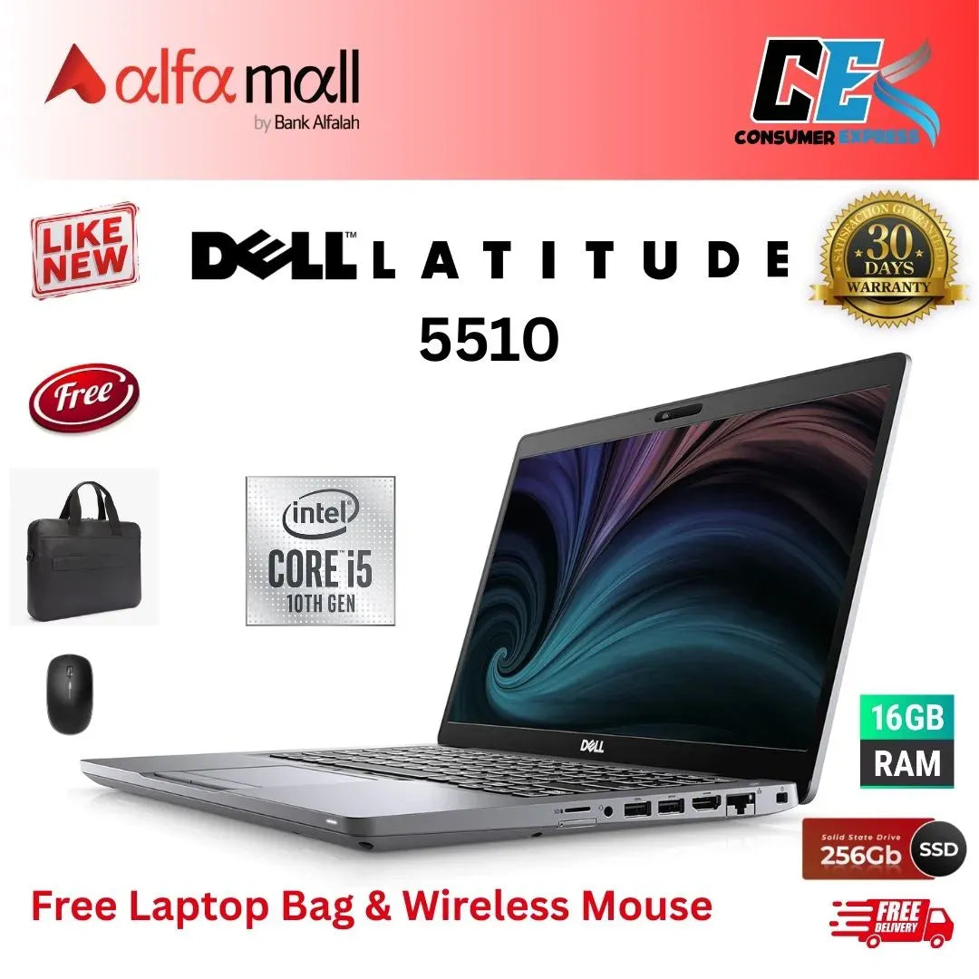 Dell Litude 5510 Corei510th Gen 16GB RAM 256GB SSD 15.6 Inch Display (Like New) Free Laptop Bag & Mouse