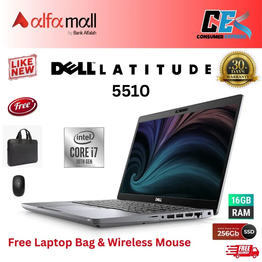 Dell Litude 5510 Corei7 10th 16GB RAM 256 GB SSD 15.6 Inch Display (Like New) Free Laptop Bag & Mouse