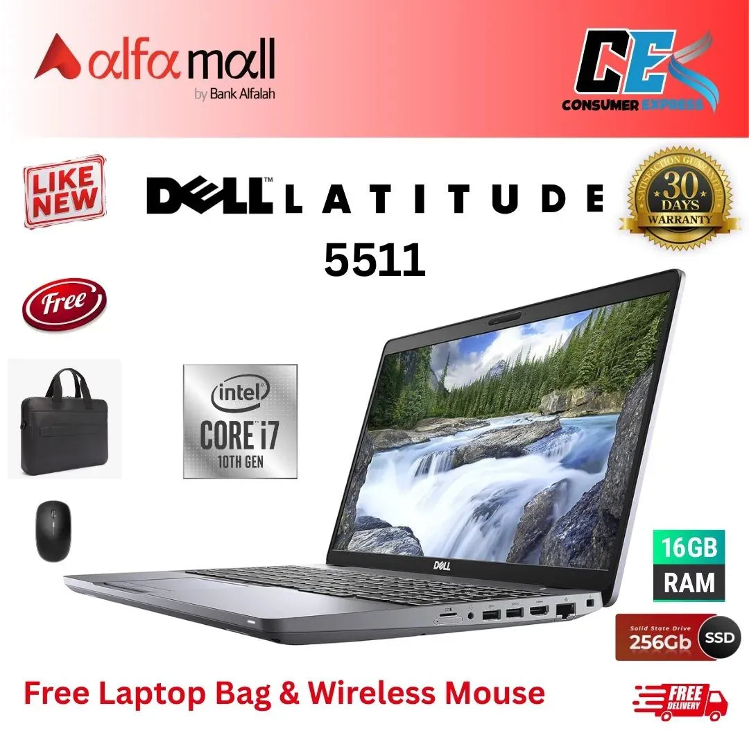 Dell Litude 5511 Corei710th Gen 16GB RAM 256GB SSD 15.6 Inch Display (Like New) Free Laptop Bag & Mouse