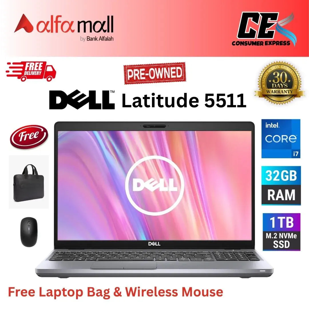 Dell Litude 5511 Corei710th Gen 32GB RAM 1TB SSD Nvidia GeForce MX250 2GB Graphics Card 15.6Inch Display (Like New) Free Bag & Mouse