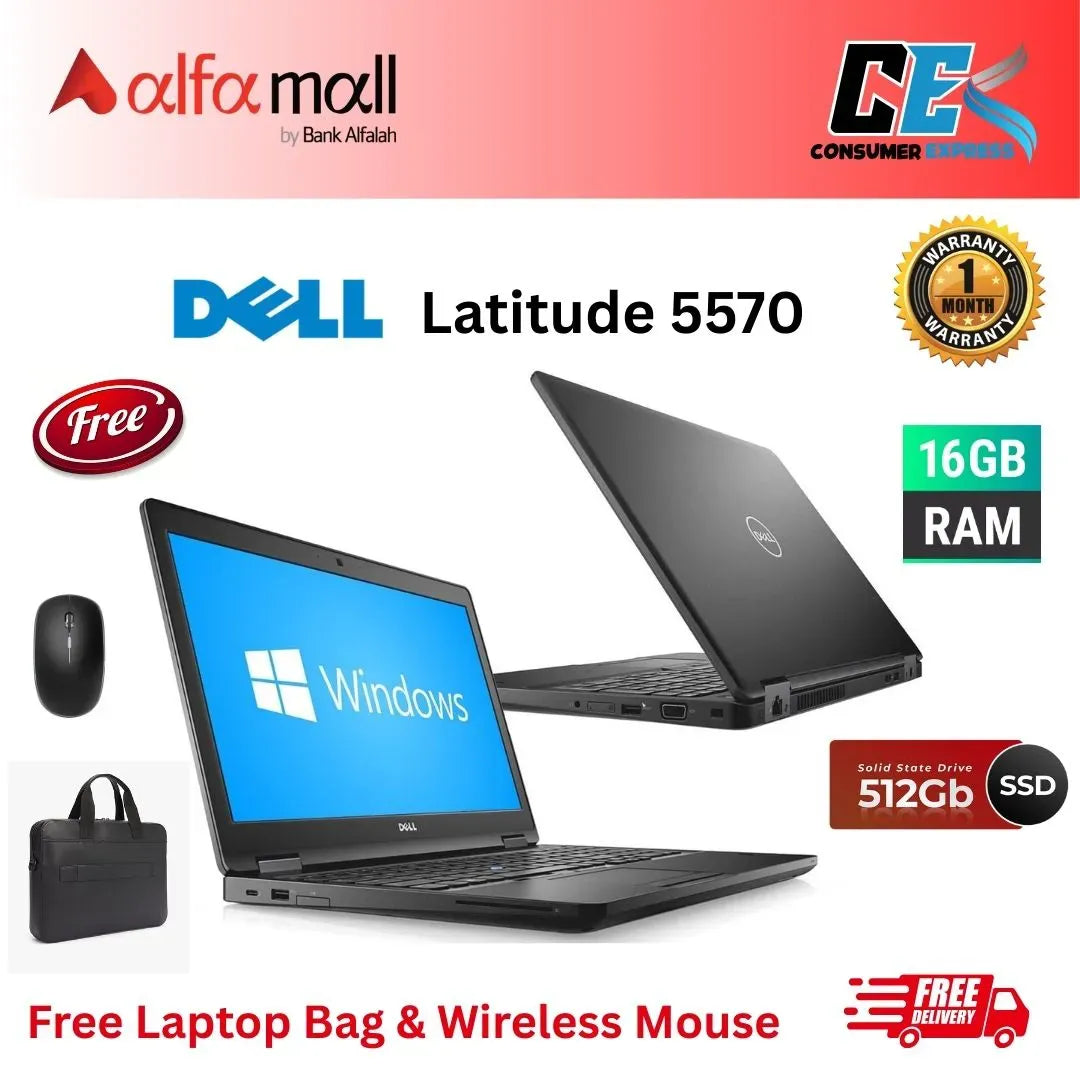 Dell Litude 5570 Business laptop Intel Core i56300U 6th Gen, 16GB Ram, 256GB SSD, 15.6" inch HD Display, Webcam, Wifi Free Bag and Mouse (Preowned)