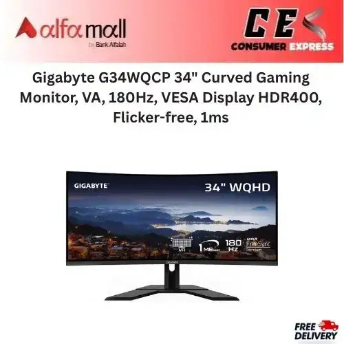 Gigabyte G34WQCP 34" Curved Gaming Mitor, VA, 180Hz, VESA Display HDR400, Flickerfree, 1ms
