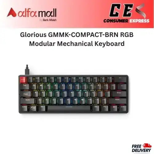 Glorious GMMKCOMPACTBRN RGB Modular Mechanical Keyboard Compact 6 Layout (61Key) Ger Brown Tactile Switches