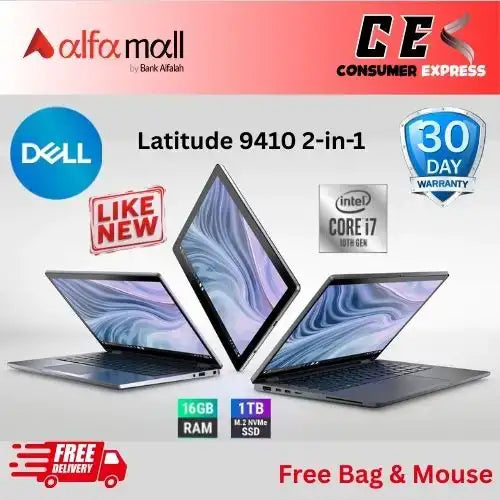 Dell Litude 9410 2in1 Laptop Touch X360 Core i710th Gen 1TB SSD 16GB RAM 14Inch Touch Display Metallic Body (Like New) Free Bag & Mouse