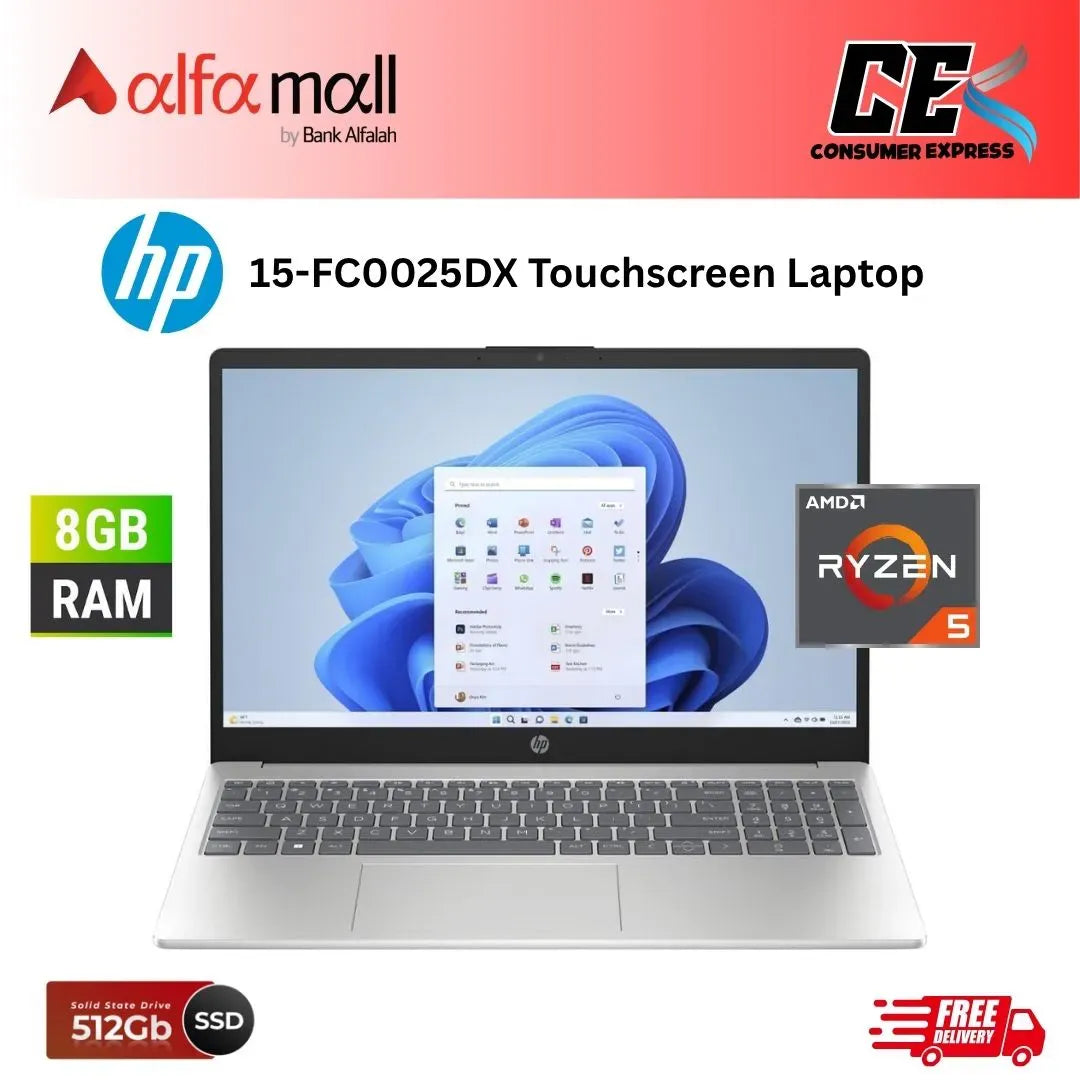 HP 15FC0025DX Touchscreen Laptop AMD Ryzen 5 7520U 8GB RAM 512GB SSD 15.6" HD Touchscreen Windows 11 (1Yr Warranty, New)