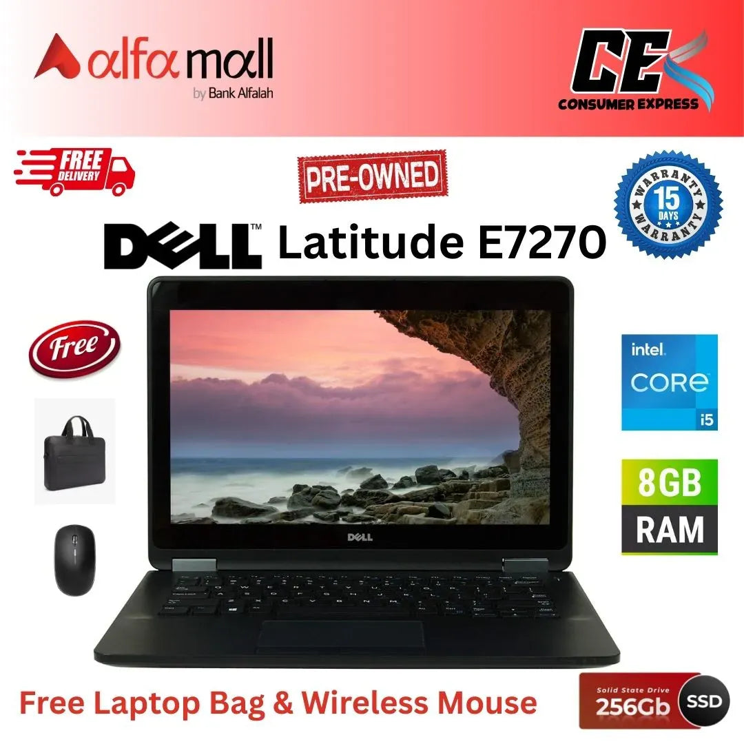 Dell Litude E7270 Laptop, Core i56300U 2.4GHz, 8GB RAM, 256GB Solid Ste Drive, Windows 10 Pro 64bit, 12.5 inches Display, Free Bag & Mouse (Like New)