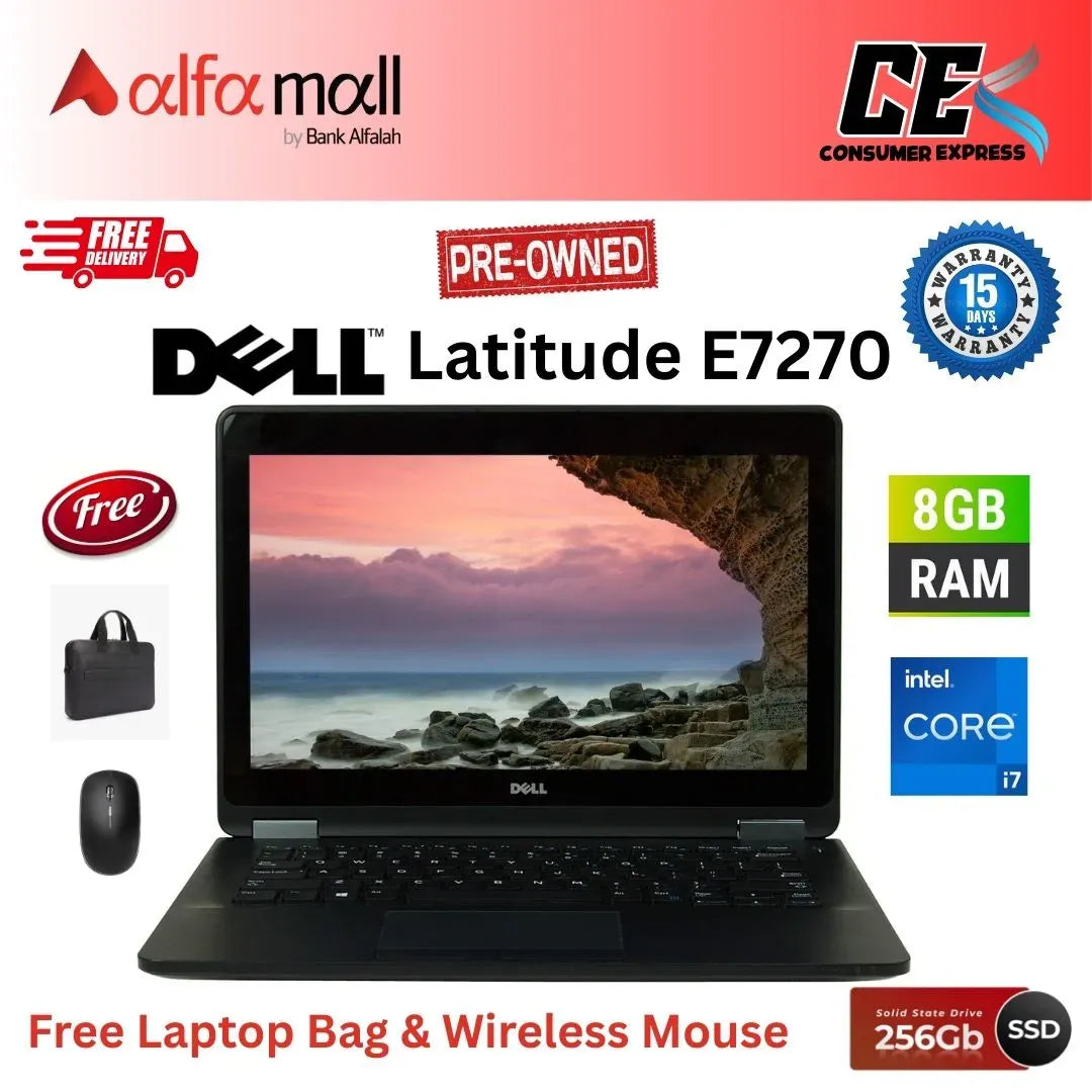 Dell Litude E7270 Ultrabook Intel Core i76600U 2.6GHz, 16GB RAM, 256GB SSD, Bluetooth, Webcam, Windows 10 Pro, 12.5 inches Display, Free Bag & Mouse (Like New)