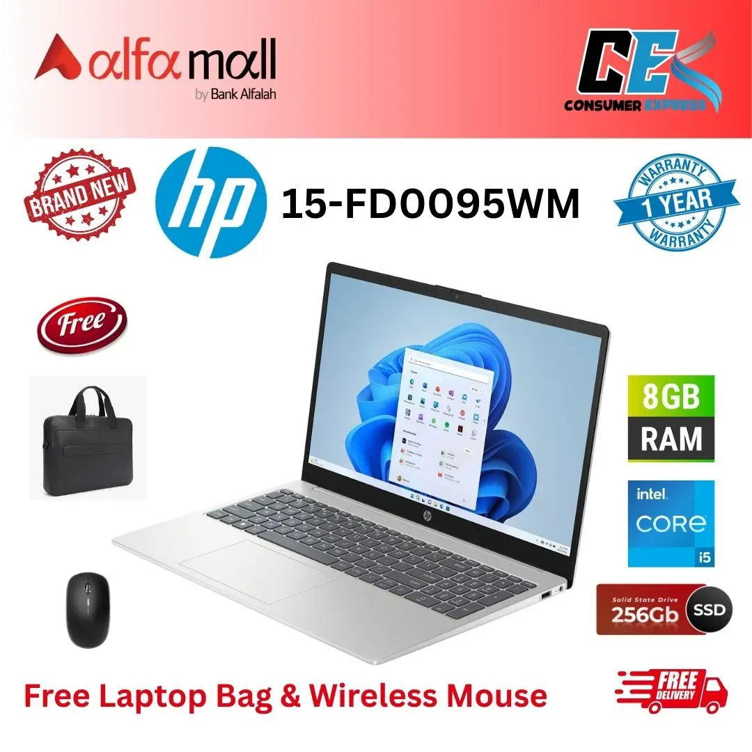 HP 15FD0095WM Laptop Intel Core i51235U, 8GB DDR4, 256GB SSD, Intel Iris Xe Graphics, 15.6" FHD IPS Display (New, 1Yr Internial Warranty) Free Bag & Mouse