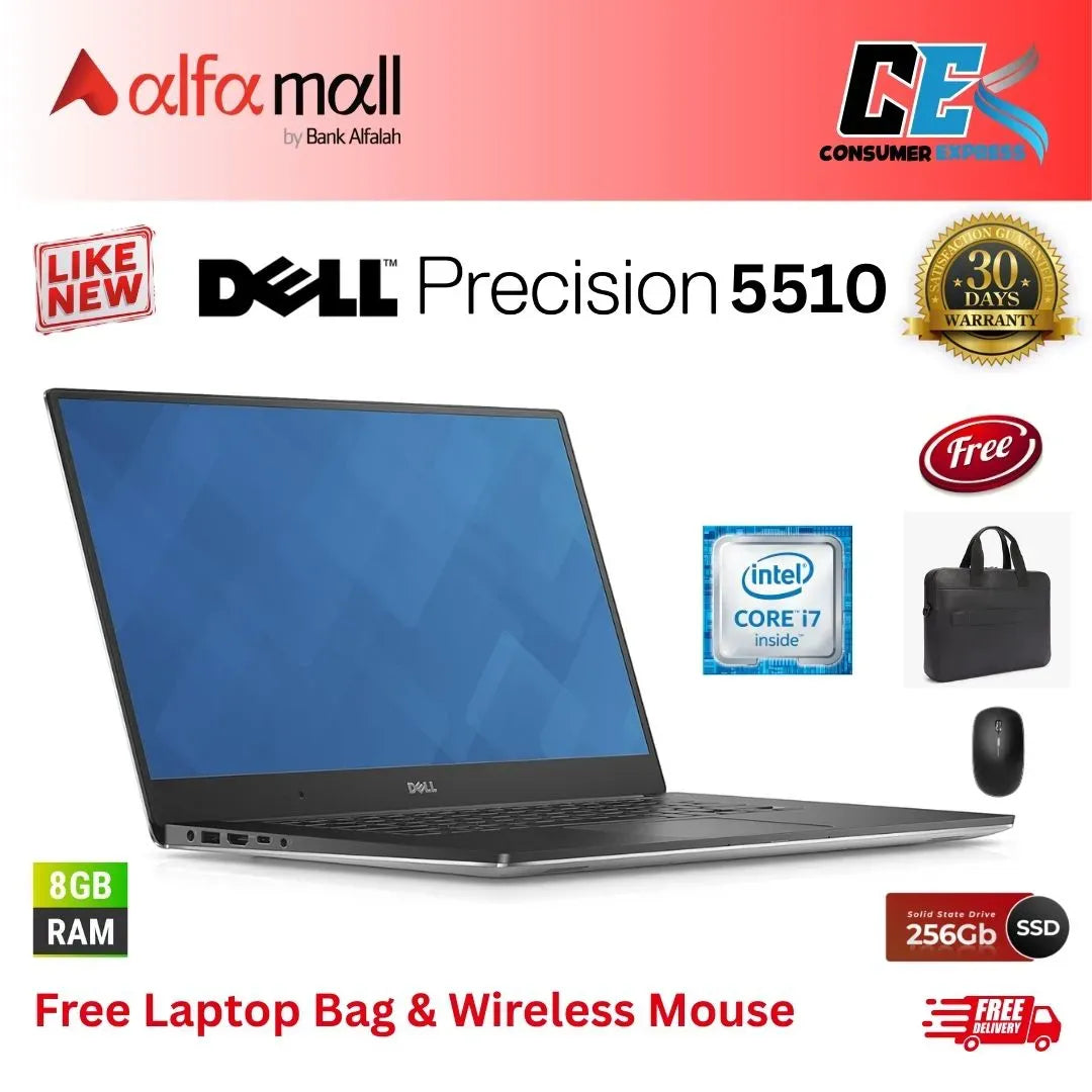 Dell Precisi 5510 Corei76th Gen 8GB RAM 256GB SSD Nvidia Quadro M1000M 2GB Graphics Card 15.6 Inch Display (Like New) Free Laptop Bag & Mouse