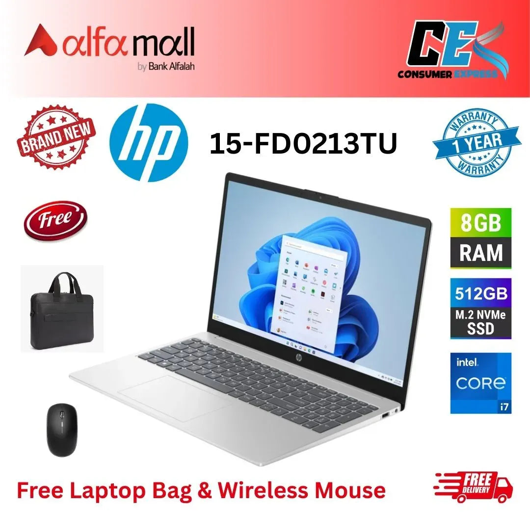 HP 15FD0213TU Laptop, Intel Core i71355U, 8GB Memory, 512GB SSD, Intel Iris Xe Graphics, Backlit KB, 15.6" FHD Display (New, 1Yr Internial Warranty) Free Bag & Mouse